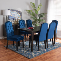 Baxton Studio BBT5158-Navy Blue/Dark Brown-7PC Dining Set Dylin Modern and Contemporary Navy Blue Velvet Fabric Upholstered and Dark Brown Finished Wood 7-Piece Dining SetC